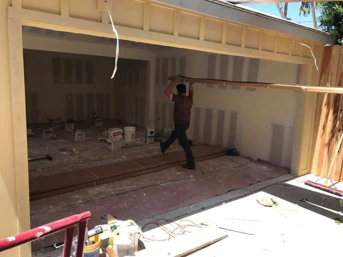 Garage opening being framed and rebuilt during a garage conversion